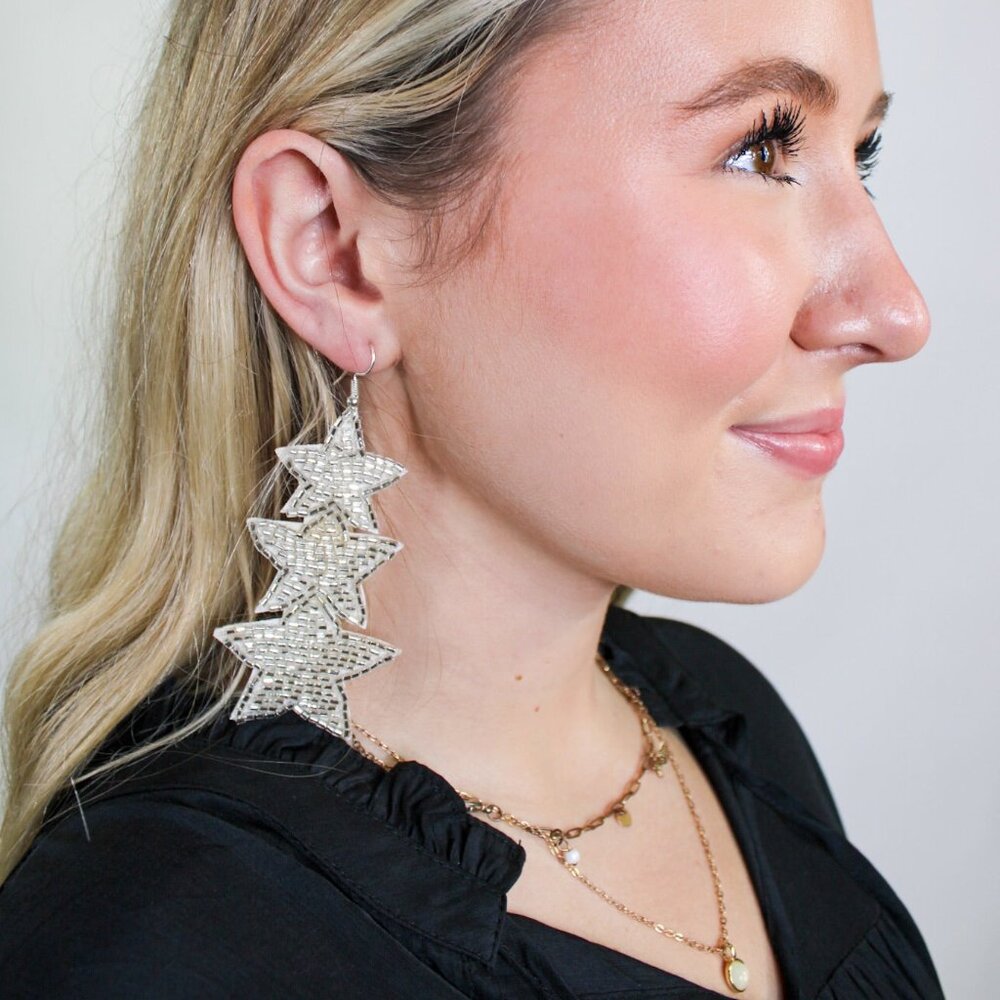 Glass Beaded Sparkle Bling Triple Star Silver Statement Earrings NEW